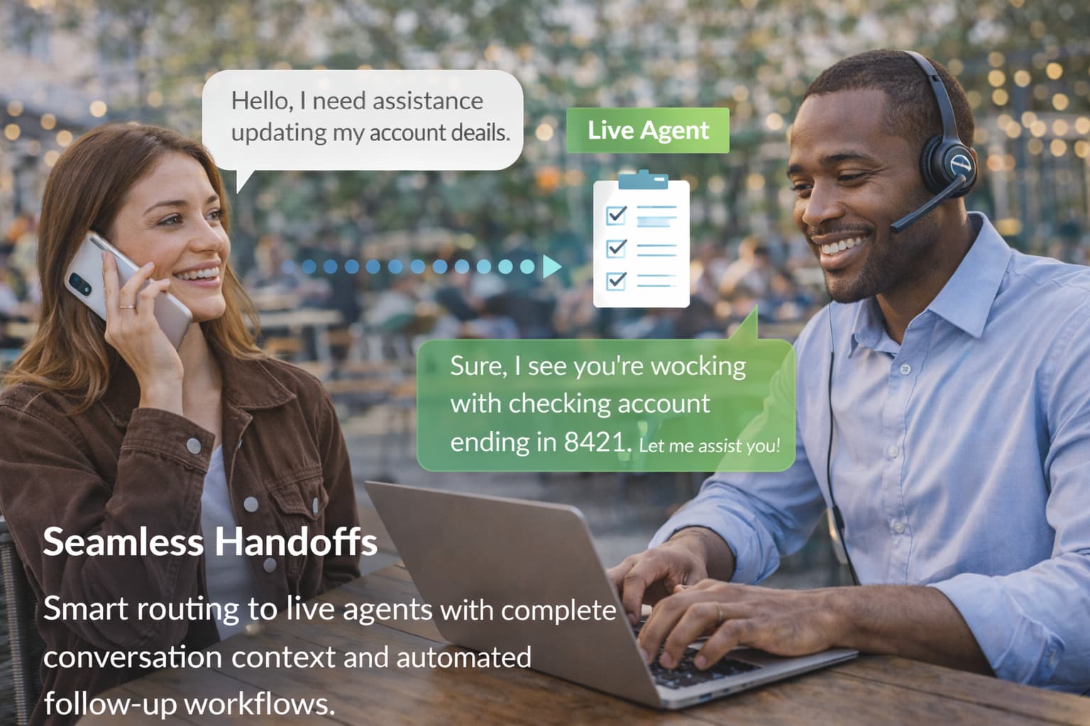 Seamless Handoffs - Enterprise AI call center feature demonstrating Smart routing to live agents with complete conversation context and automated follow-up workflows.