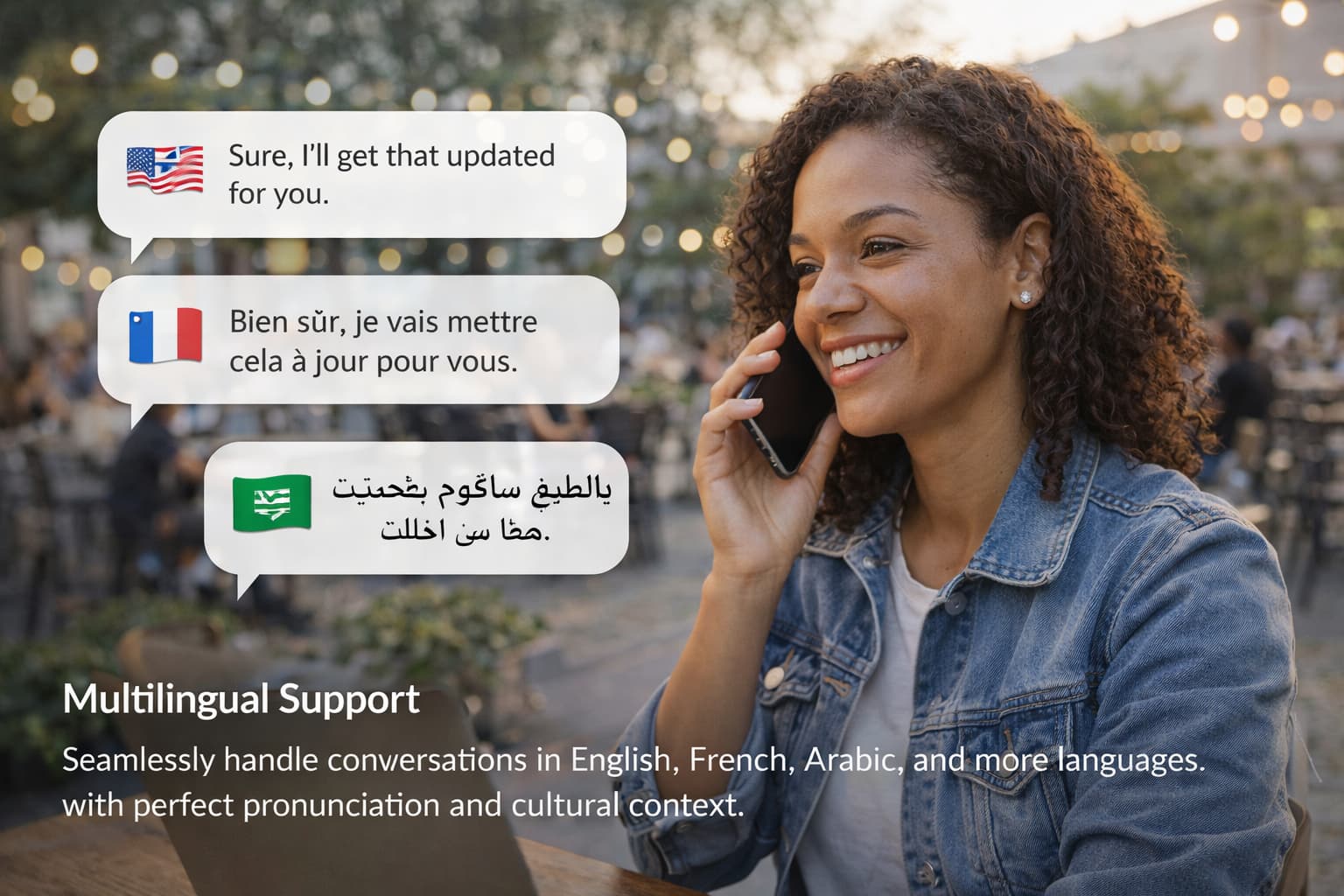 Multilingual Support - Enterprise AI call center feature demonstrating Seamlessly handle conversations in English, French, Arabic, and more languages with perfect pronunciation and cultural context.